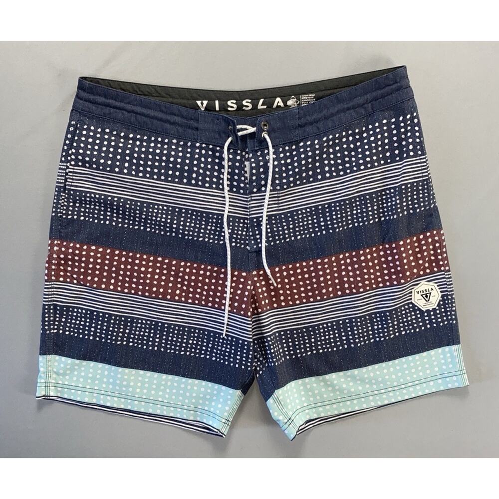 Vissla Upcycle Coconut Poly Stretch Quick Dry Board Shorts. Stripe/Dot, Men's 36